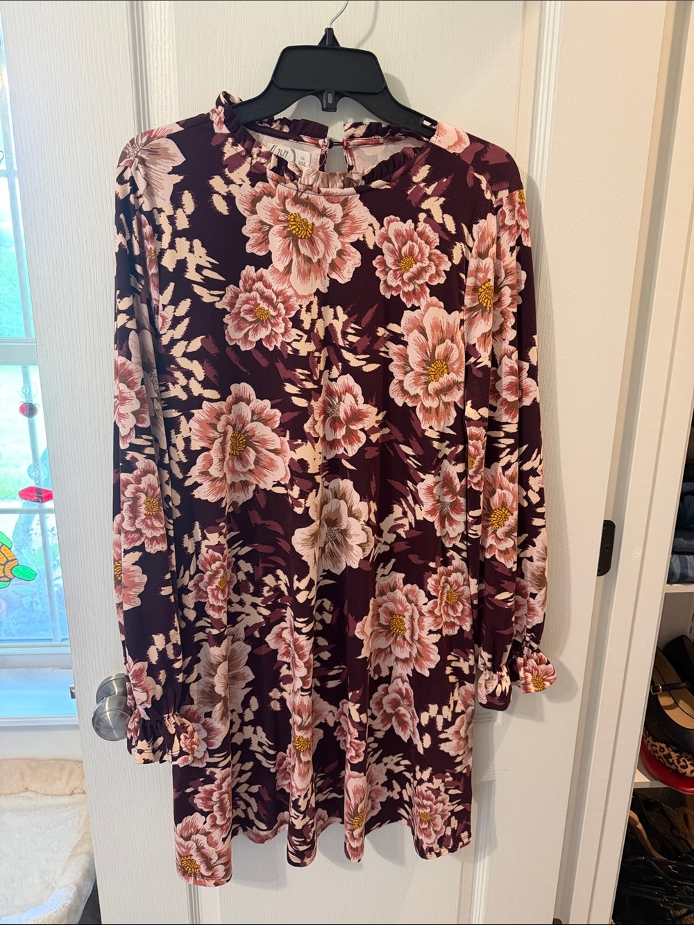 Maurices Floral Ruffle-Neck Top in Plum and Blush
